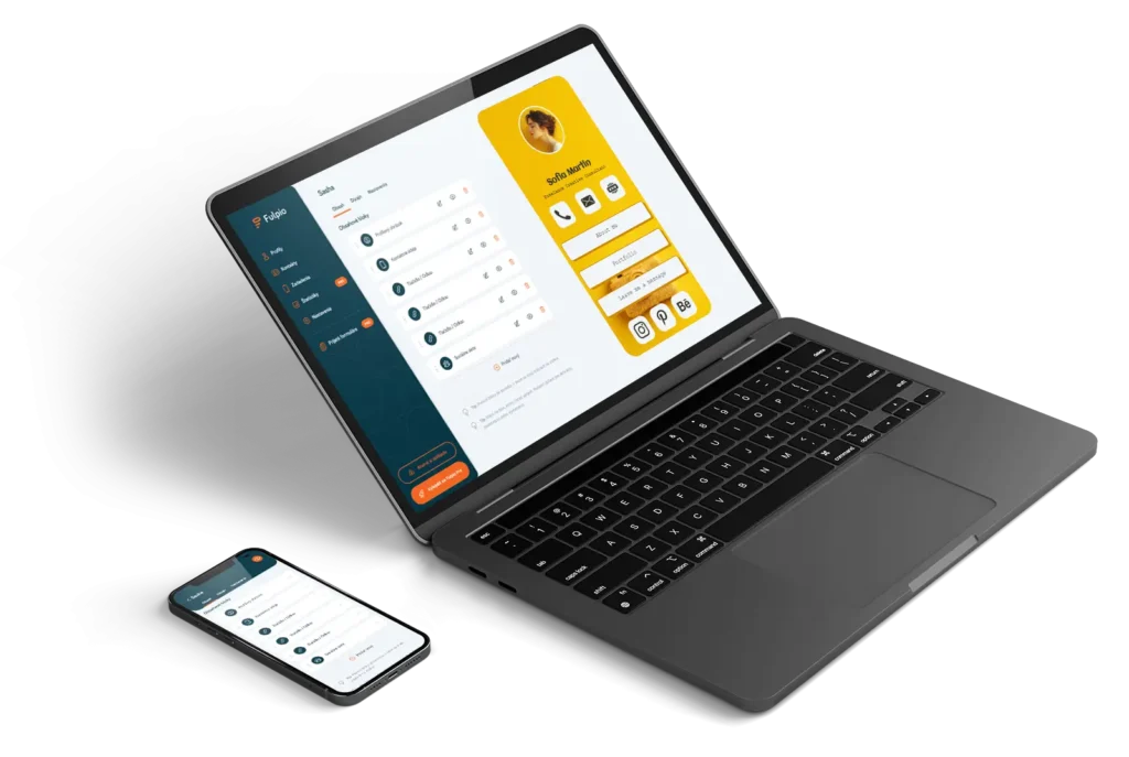 Fulpio application interface displayed on a laptop and smartphone — managing digital profiles and previewing a business card.