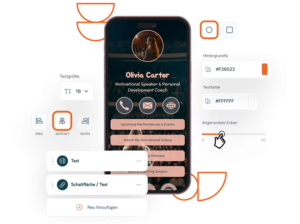 Vorschau zur Anpassung einer digitalen Visitenkarte in der Fulpio-App – Änderung von Farben, Icon-Formen, Textausrichtung und abgerundeten Ecken bei der Personalisierung des Profils.