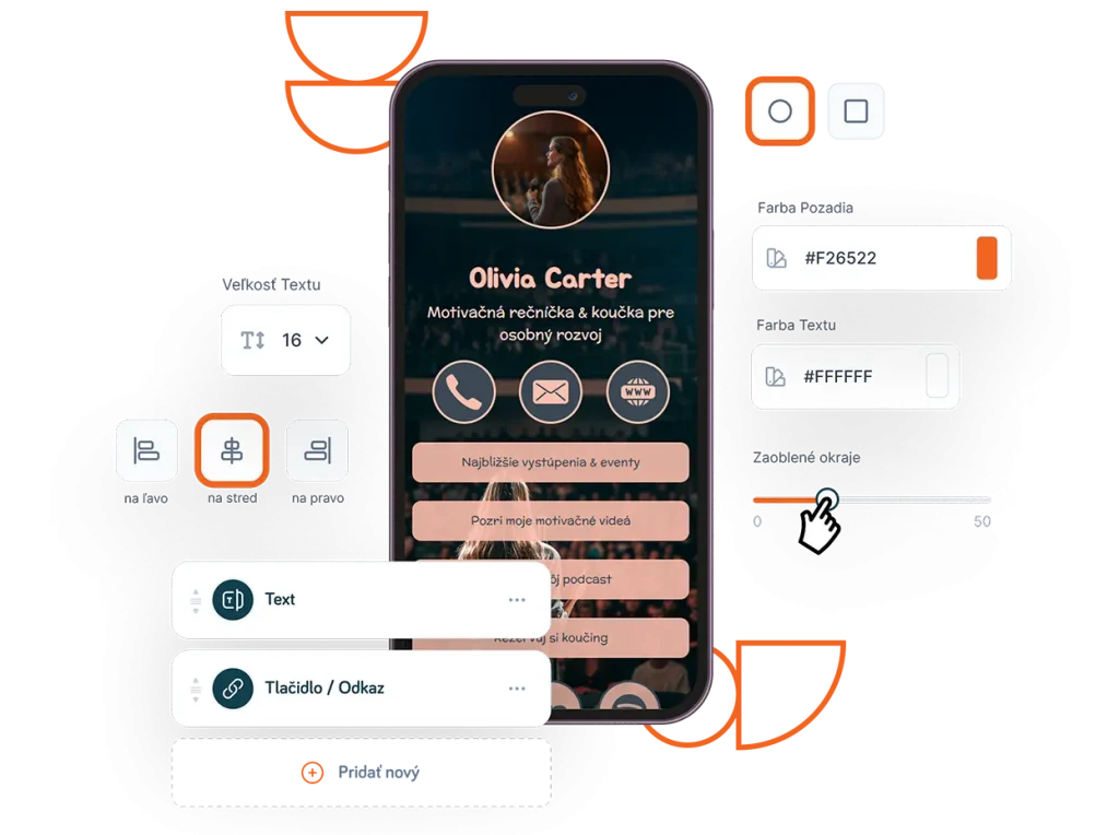 Ukážka úpravy digitálnej vizitky v aplikácii Fulpio – zmena farieb, tvaru ikon, zarovnania textu a zaoblenia prvkov pri personalizovaní profilu.