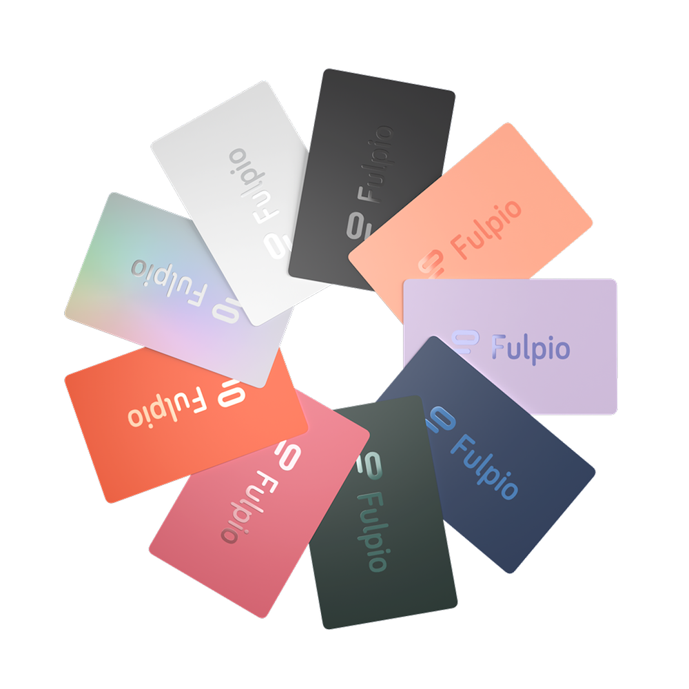 Fulpio NFC-Visitenkarten in einem Kreis angeordnet und dargestellt v různých Farbvarianten.