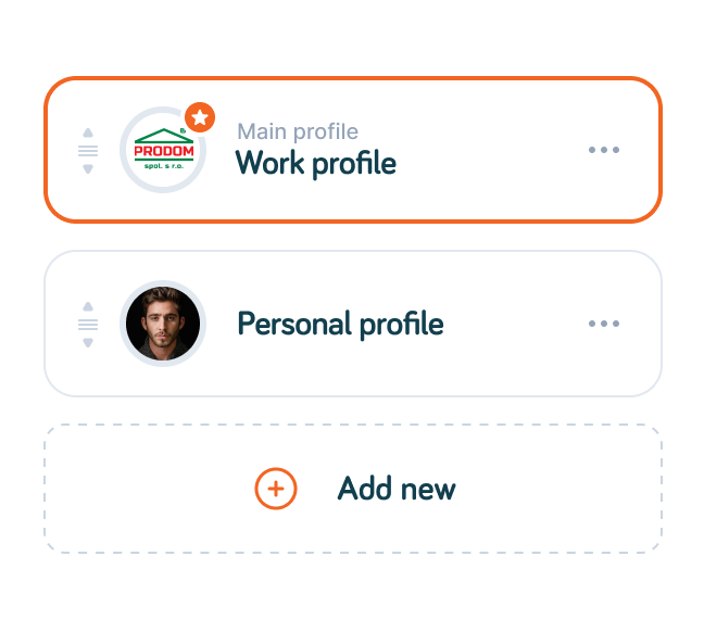 Preview of the Fulpio app showing a work profile, personal profile, and an “Add new” button, illustrating the management and creation of digital profiles.