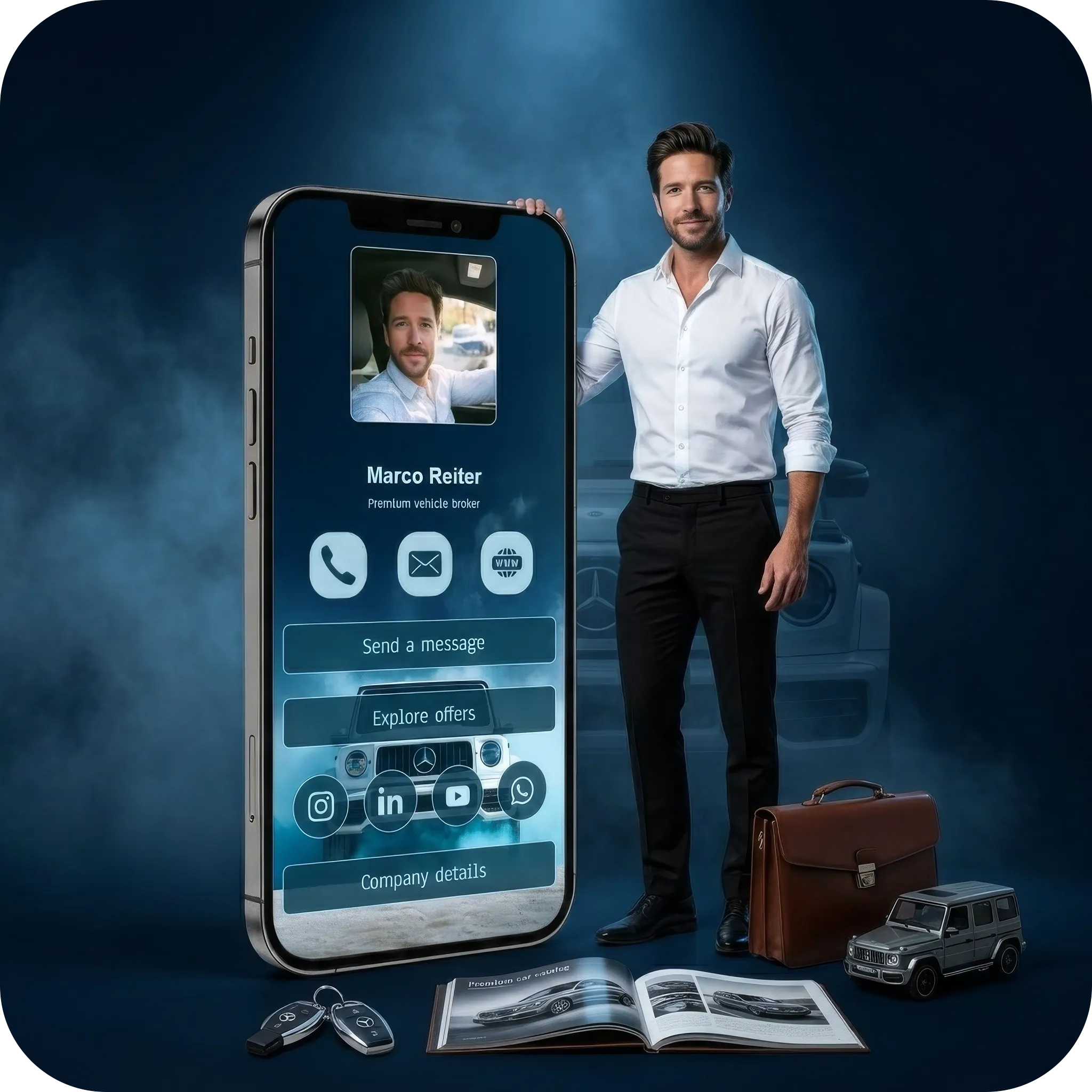 Fulpio digital business card profile for a premium vehicle broker displayed on a smartphone with a professional businessman standing beside it.
