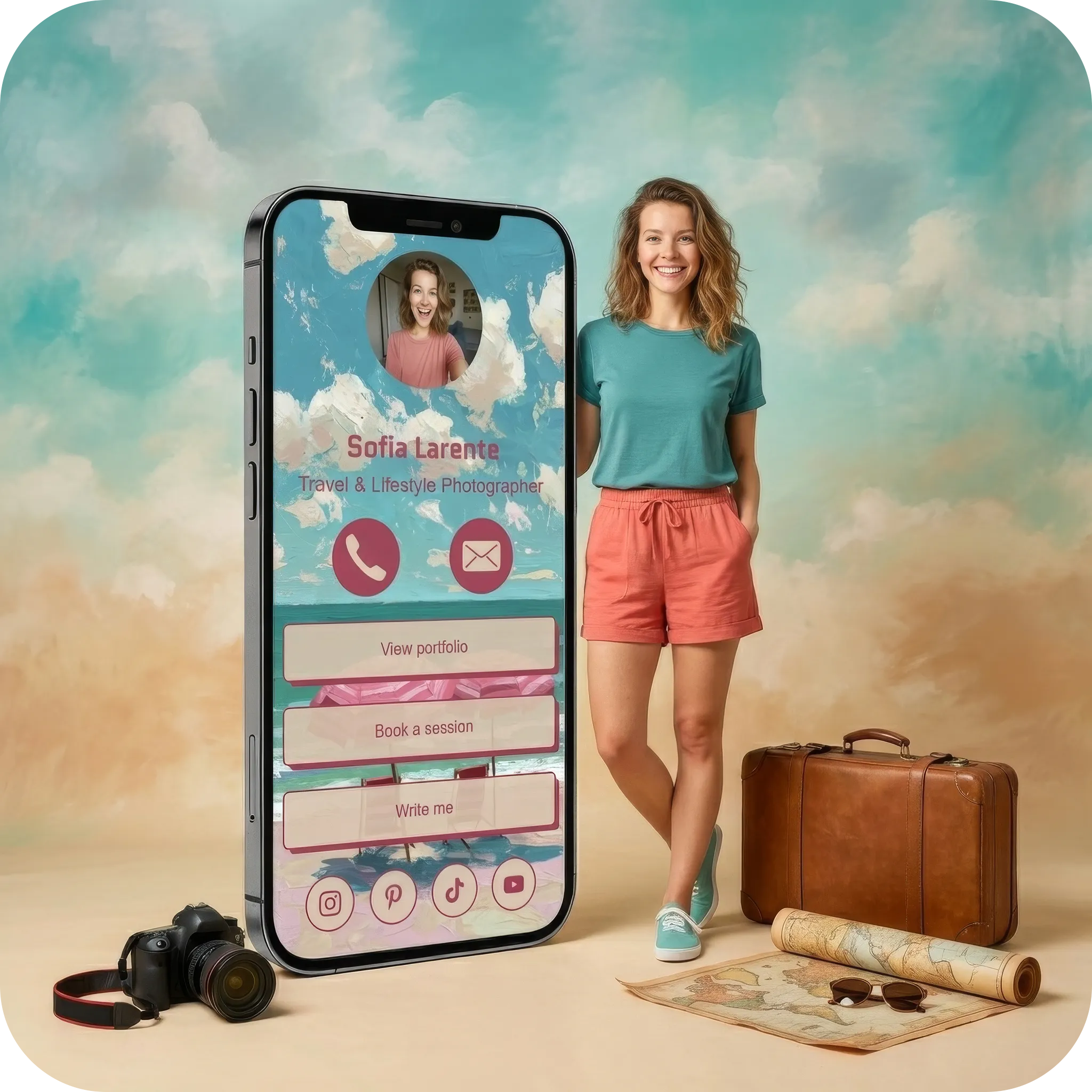 Fulpio digital business card profile for a travel and lifestyle photographer displayed on a smartphone with a smiling woman standing beside it.