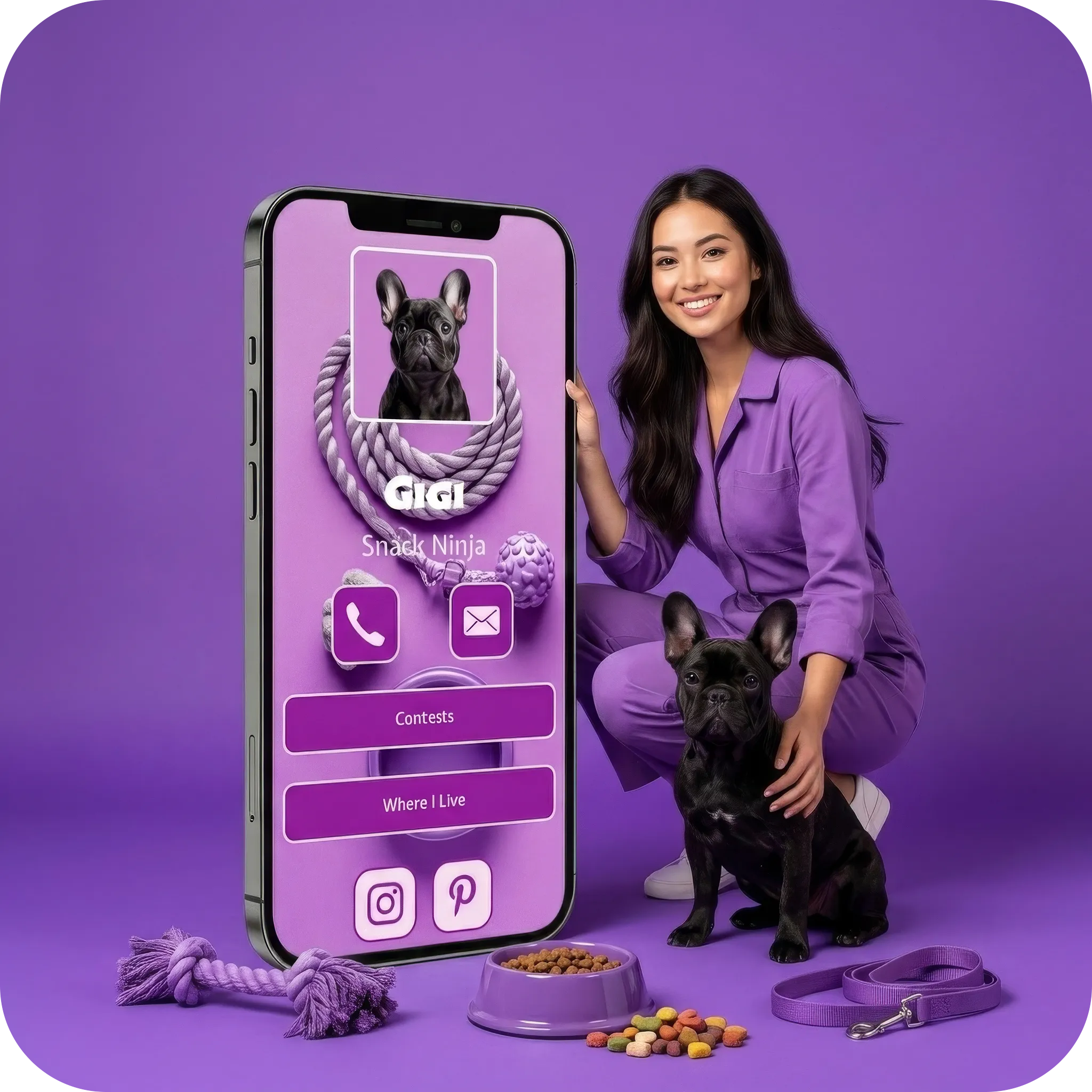 Fulpio digital pet profile for a dog displayed on a smartphone with a smiling owner and French bulldog beside it.