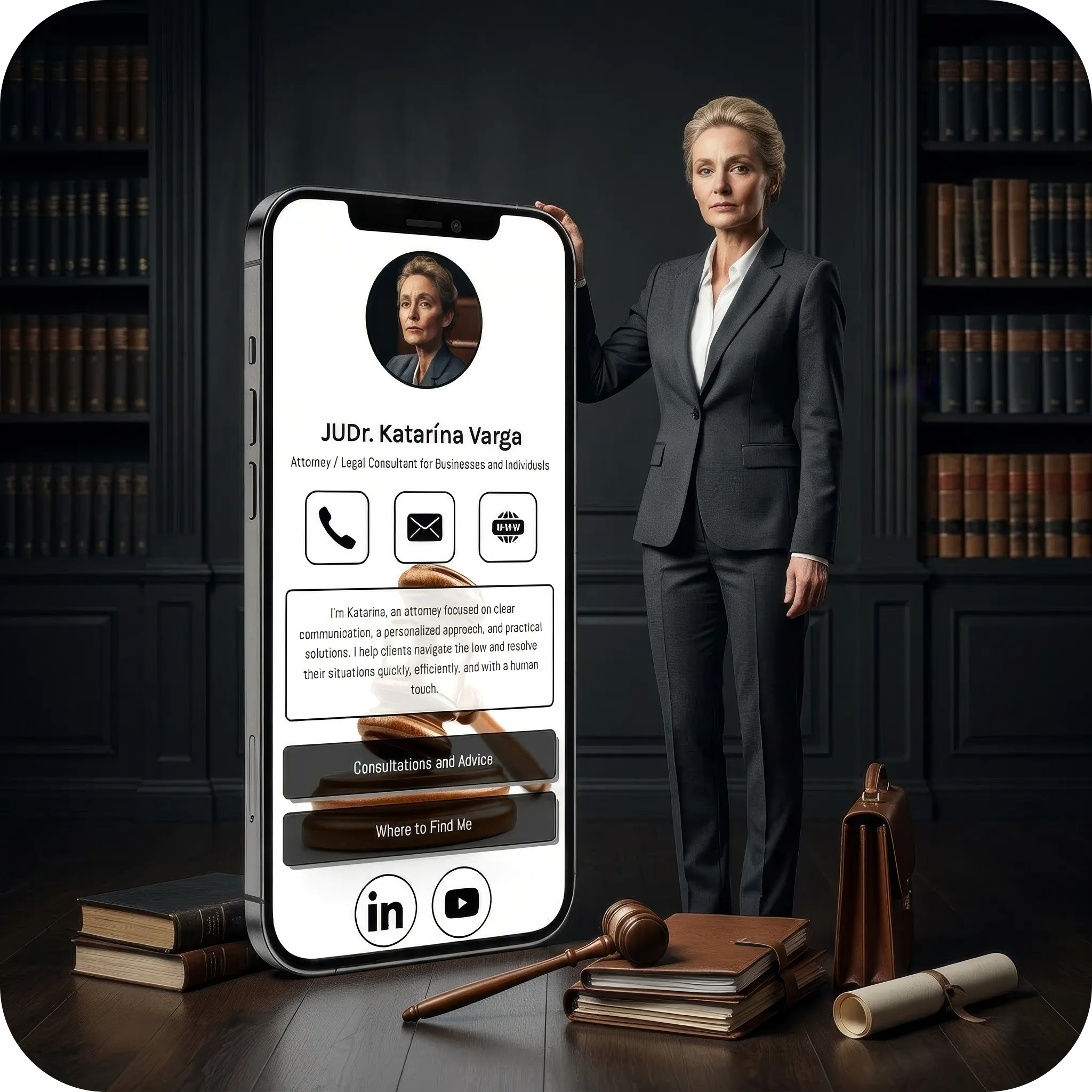 Fulpio digital business card profile for an attorney displayed on a smartphone with a professional lawyer standing beside it.