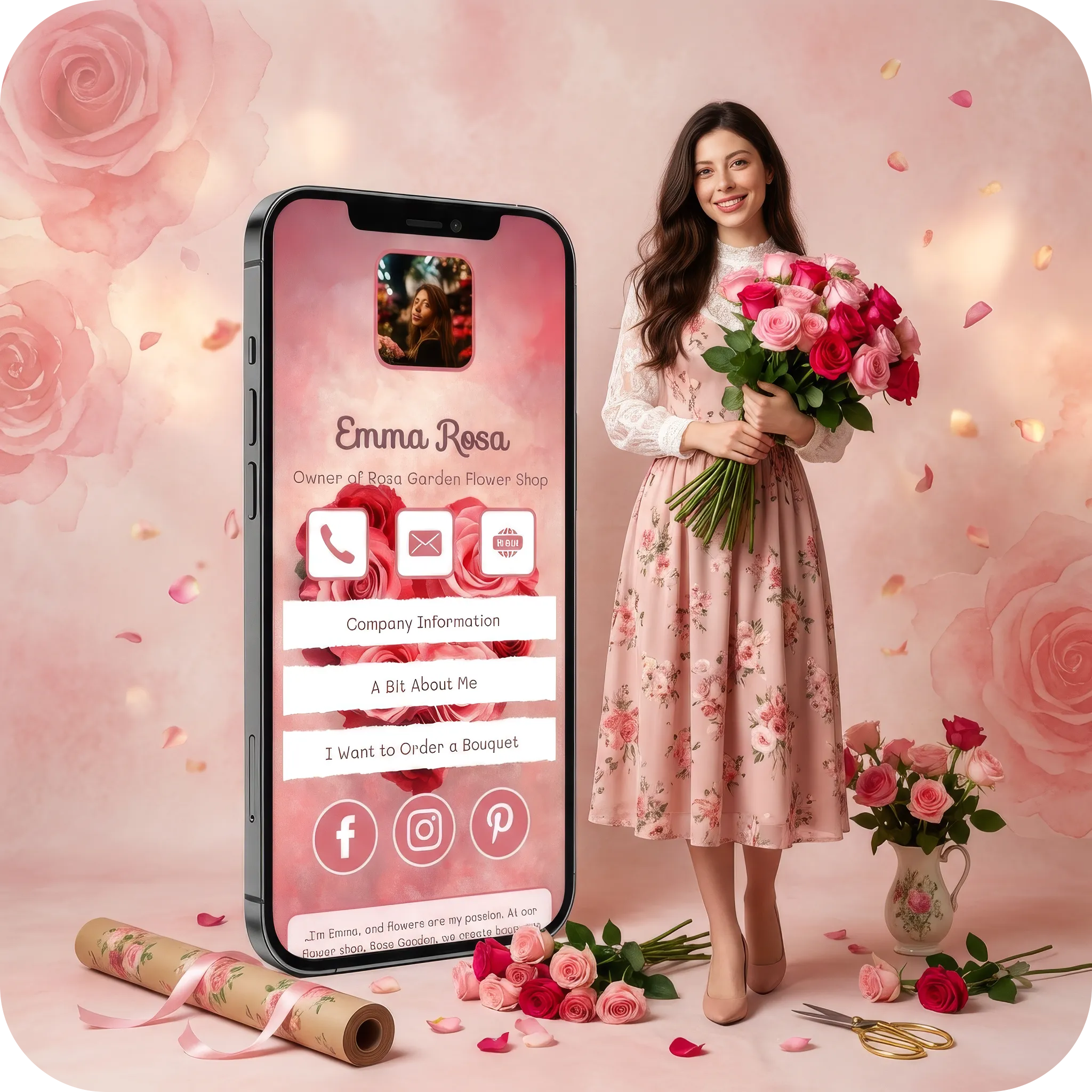 Fulpio digital business card profile for a flower shop owner displayed on a smartphone with a smiling florist holding a bouquet beside it.