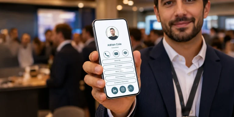 Finished digital business card displayed on a smartphone.