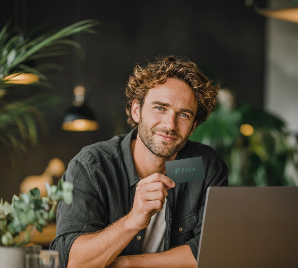 Man holding fulpio easy black digital business card