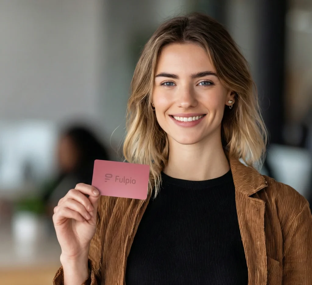 Woman holding fulpio easy digital salmon business card